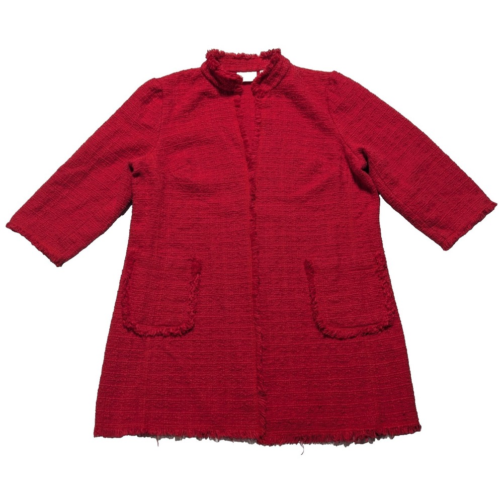 Chicos Raw-Edge‎ Tweed Jacket Duster Cardigan Mandarin Collar Red Size 2 Large